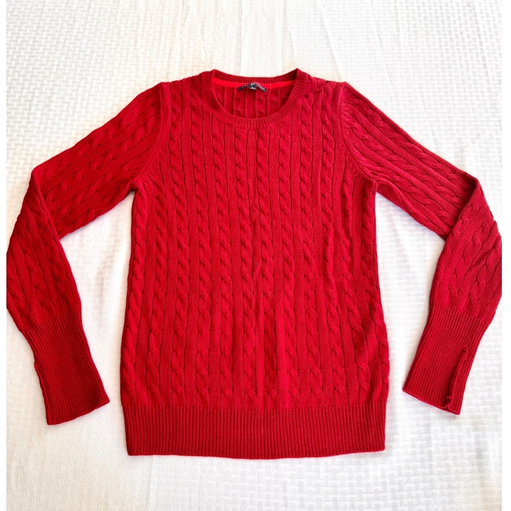 Gap Red Cable Knit Sweater Women Large Angora Blend Crew Neck Exposed Seam Cuffs